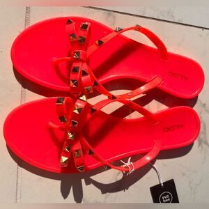 ALDO Hot Coral Pink Jelly Sandals Studded Bow Thong Flat Summer Shoes Size 9 NWT
